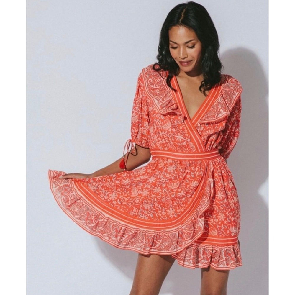 Cleobella Blair Mini Dress Red Floral Ruffle Wrap Boho Tassel Size L